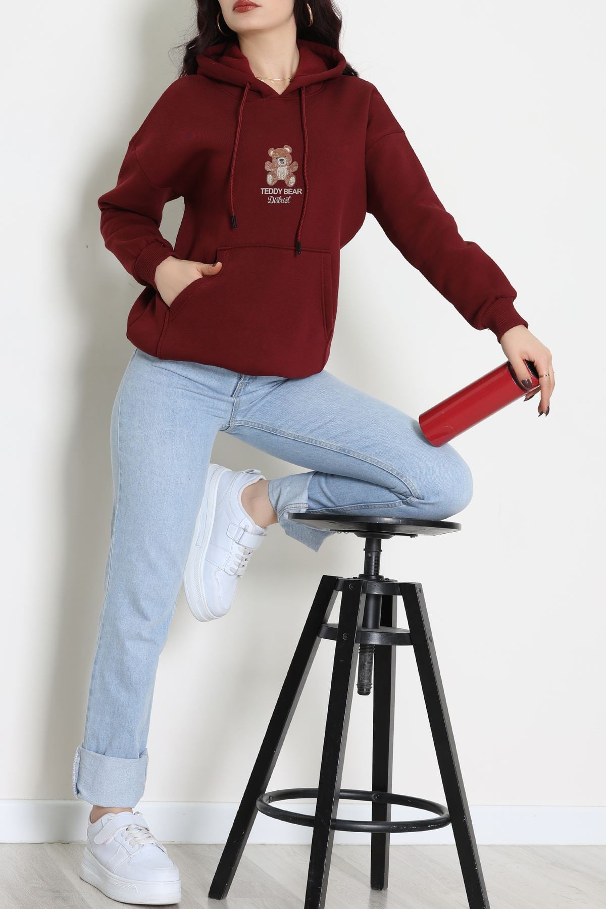 3 İplik Kanguru Cepli Kapşonlu Sweat Bordo - 42254.1878.