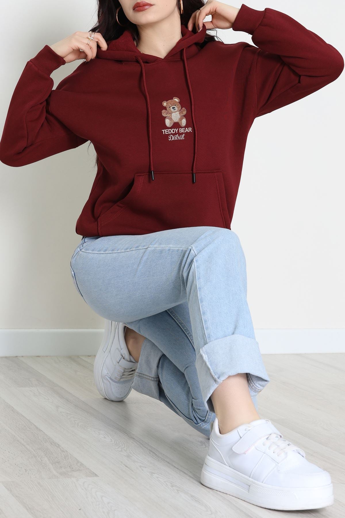 3 İplik Kanguru Cepli Kapşonlu Sweat Bordo - 42254.1878.