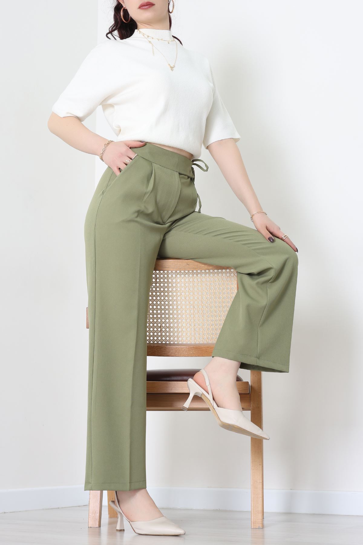 Double Kumaş İp Bağlamalı Palazzo Pantolon Çağla - 51268.683.