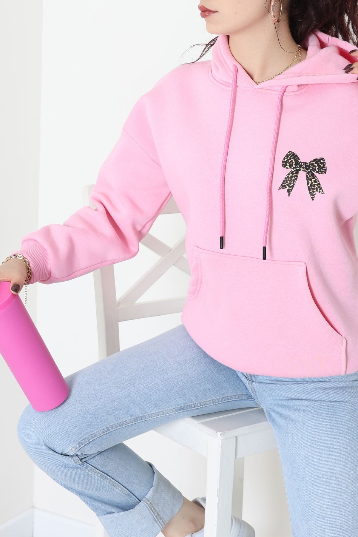 3 İplik Kanguru Cepli Kapşonlu Sweat Pembe - 42251.1878.