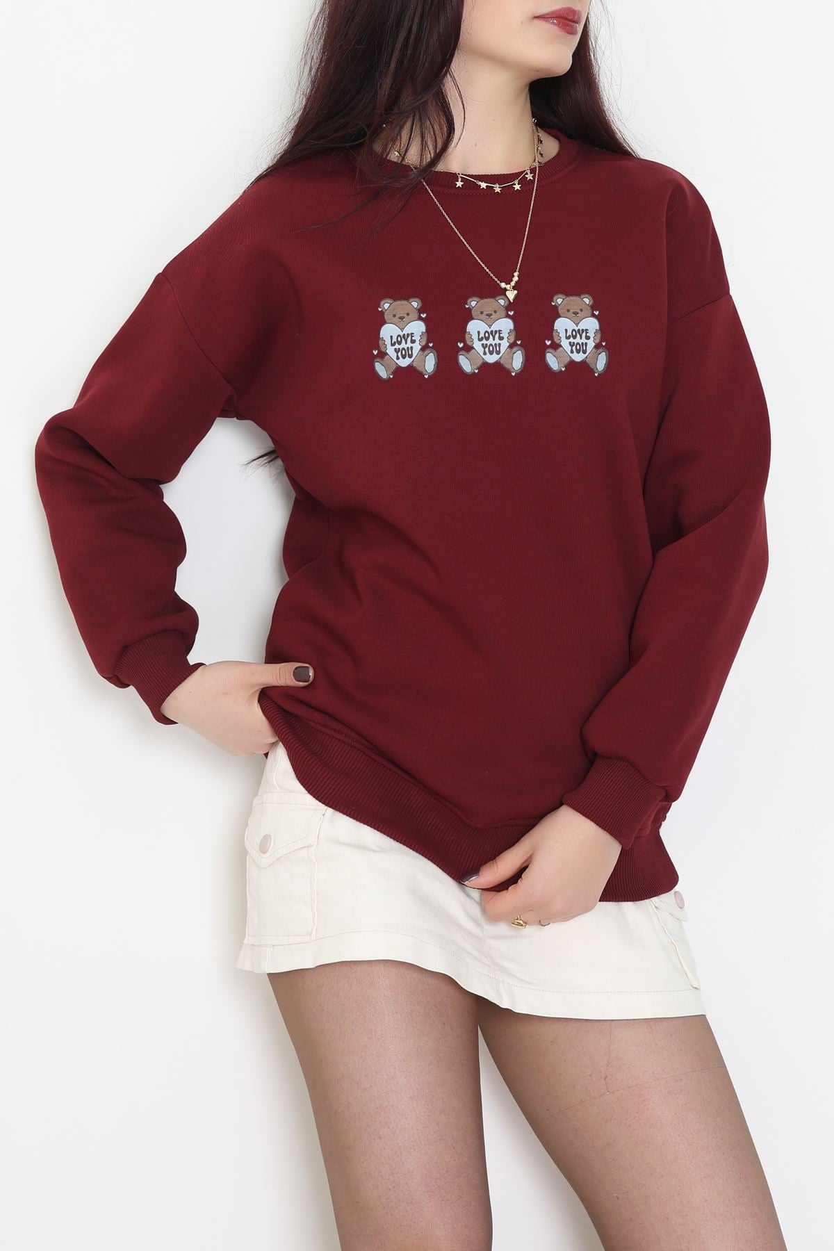 3 İplik Bisiklet Yaka Sweat Bordo - 42240.1878.