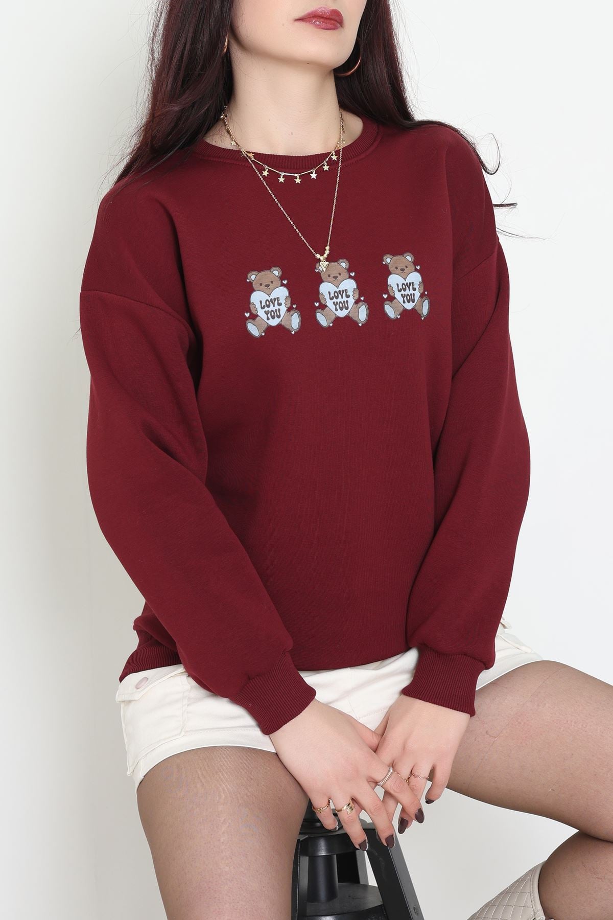 3 İplik Bisiklet Yaka Sweat Bordo - 42240.1878.