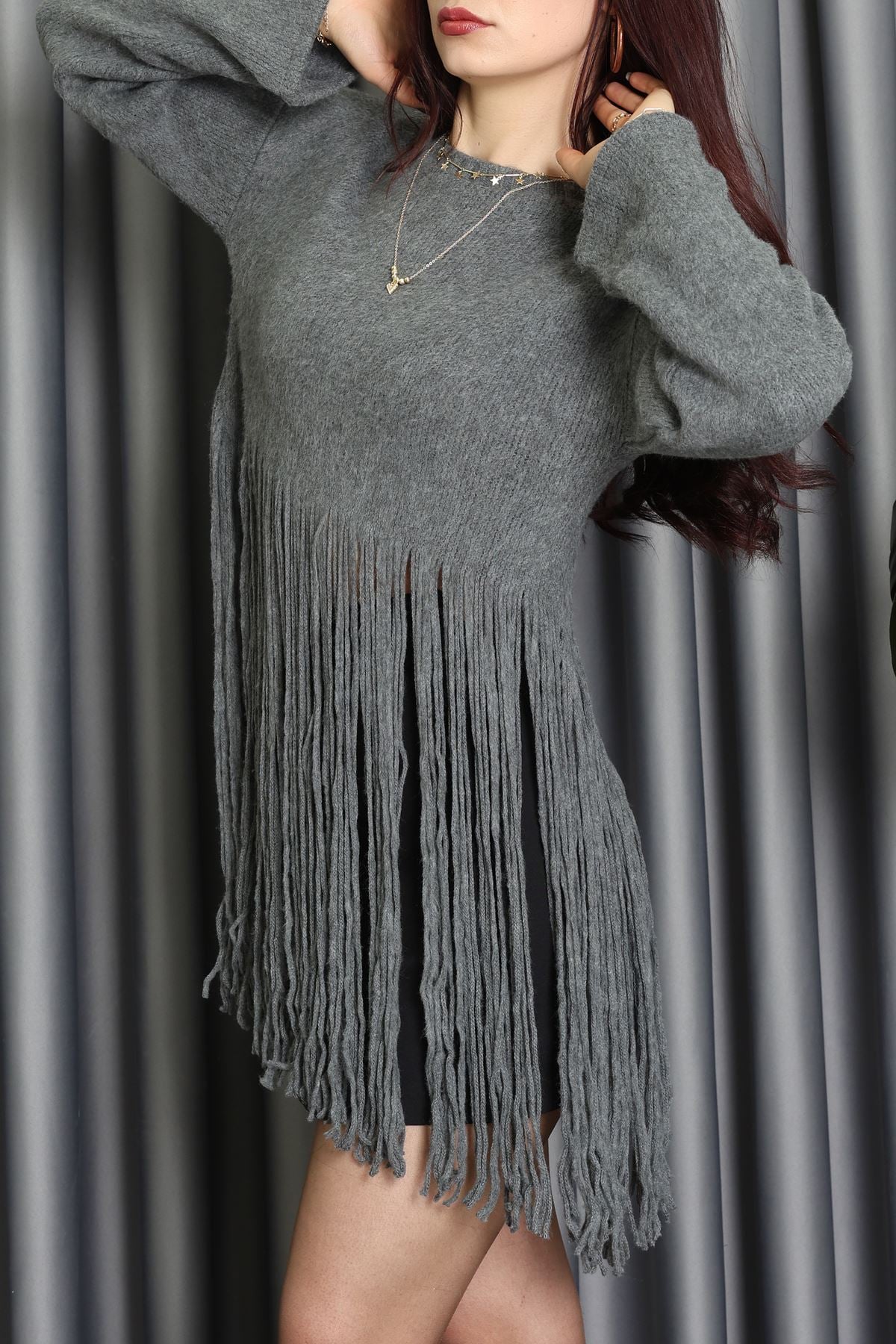 Püsküllü Triko Kazak Füme - 70898.1724.