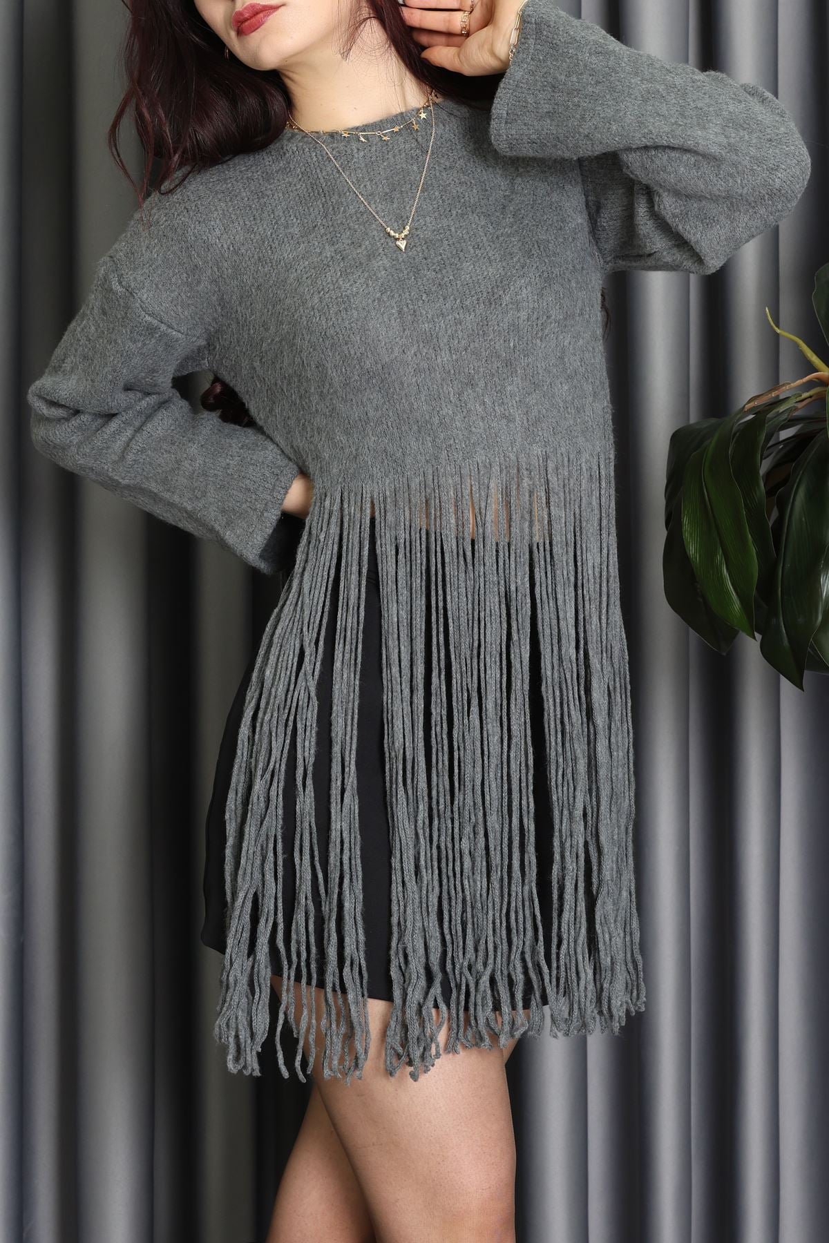 Püsküllü Triko Kazak Füme - 70898.1724.