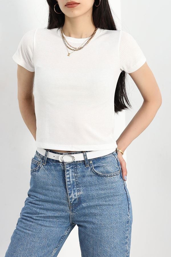Fitilli Crop Tişört Beyaz - 18902.1247.