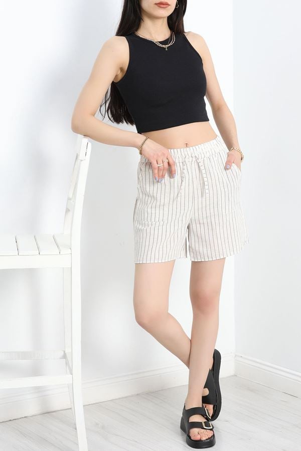 Keten Çizgili Şort Bejsiyah - 306.1247.