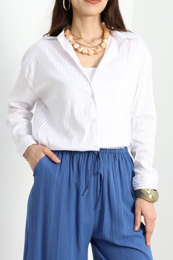 Çizgili Terikoton Gömlek Beyaz - 80018.147.