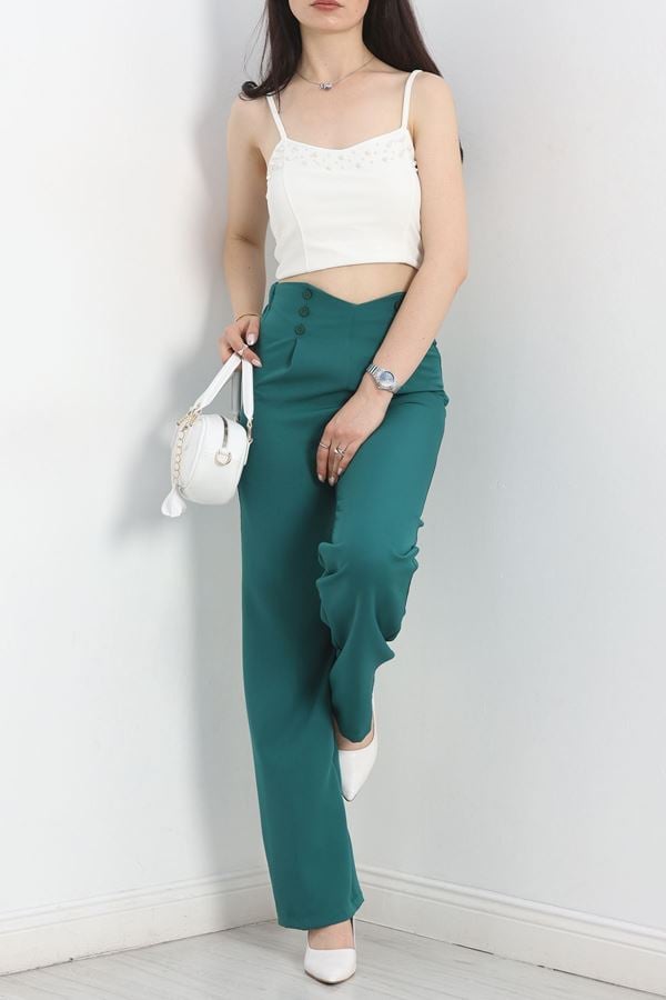 Düğme Detay Pileli Lastikli Pantolon Yeşil - 30575.683.