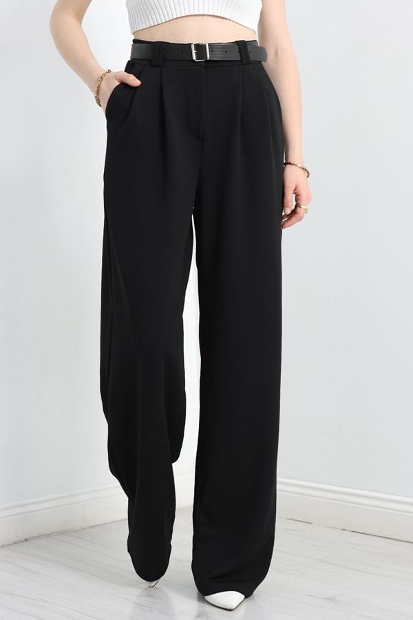 Kemerli Zra Krep Palazzo Pantolon Siyah - 30777.1865.