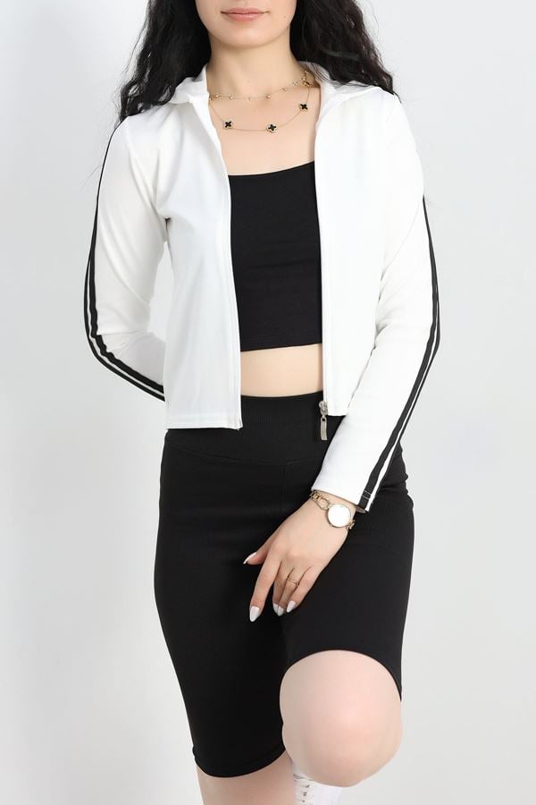 Kapşonlu Şeritli Dalgıç Ceket Ekru - 40511.053.