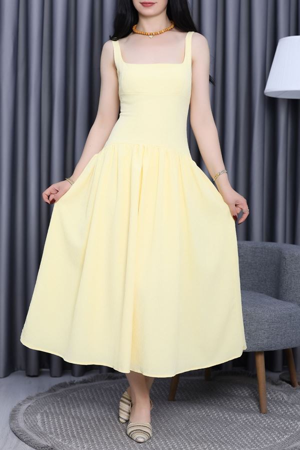 Loch Kraşlı Bel Büzgülü Elbise Sarı - 2642.1997.