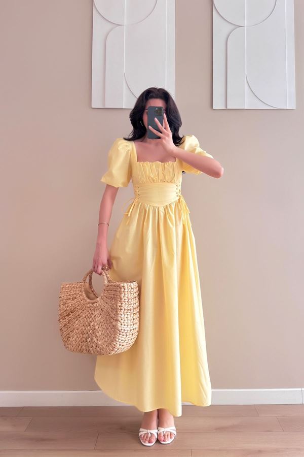 Bel Kuş Gözülü Korseli Elbise Sarı - 2611.1997.