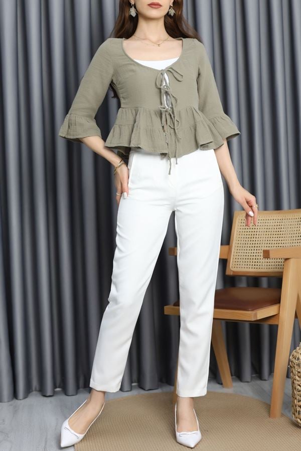 Fırfırlı Önü İpli Bluz Haki - 70442.1934.