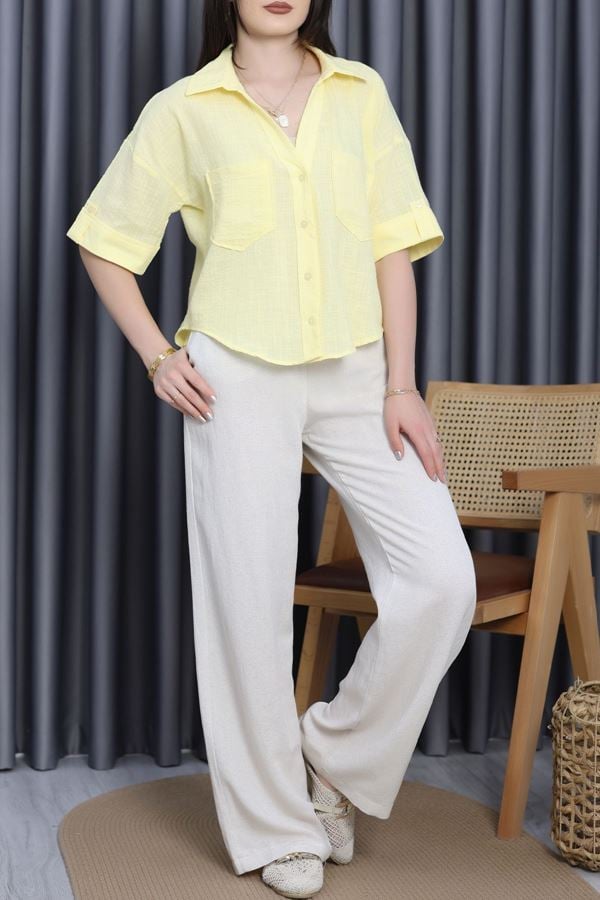 Cep Detaylı Kısa Kollu Gömlek Sarı - 70436.1934.