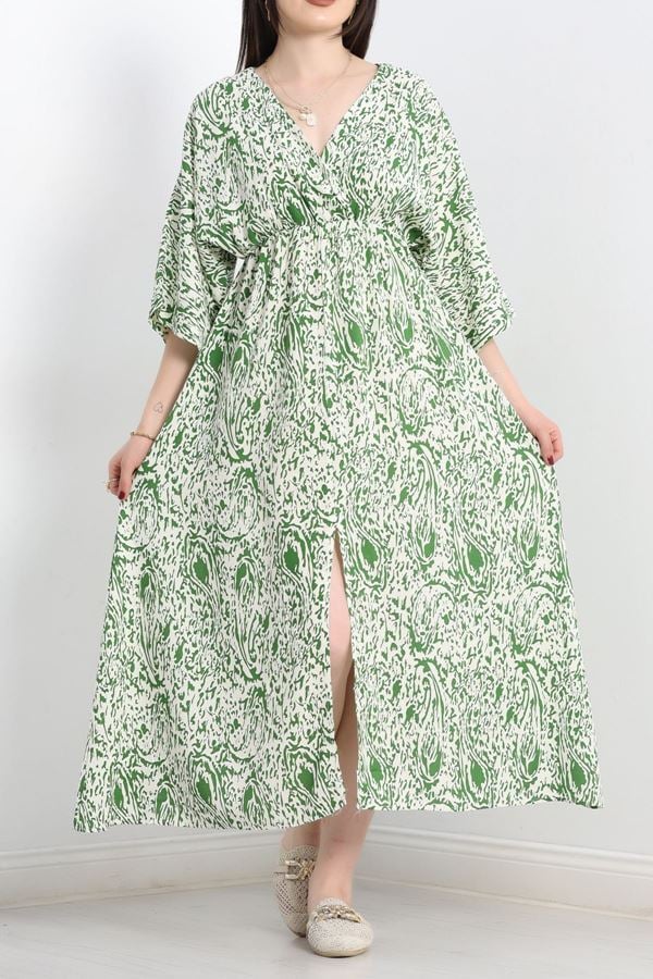 Kruvaze Yaka Desenli Elbise Hakiekru - 707.1247.