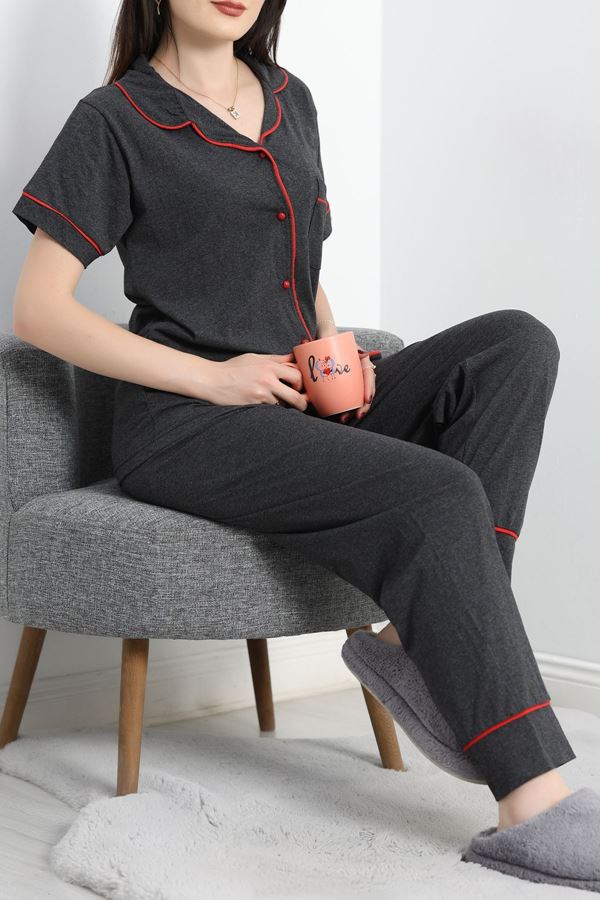 Düğmeli Süprem Pijama Takımı Koyuantrasit - 41830.1048.