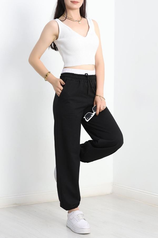 Özel Tasarım İki İplik Beli Lastikli Eşofman Siyahbeyaz - 70175.1857.