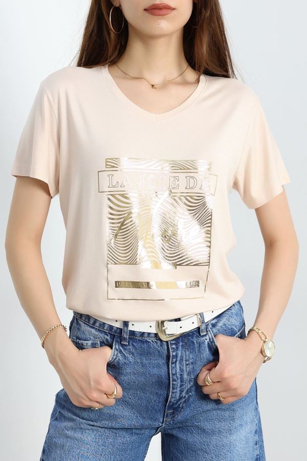 Baskılı Viskon Bluz Bej - 70641.2032.