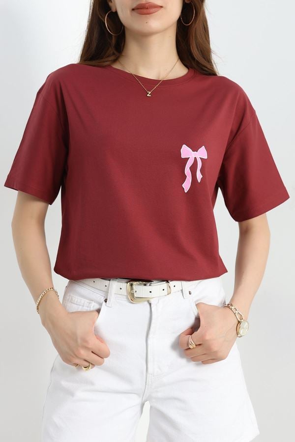 Lüx Penye Baskılı Oversize Tişört Bordo - 40526.1878.