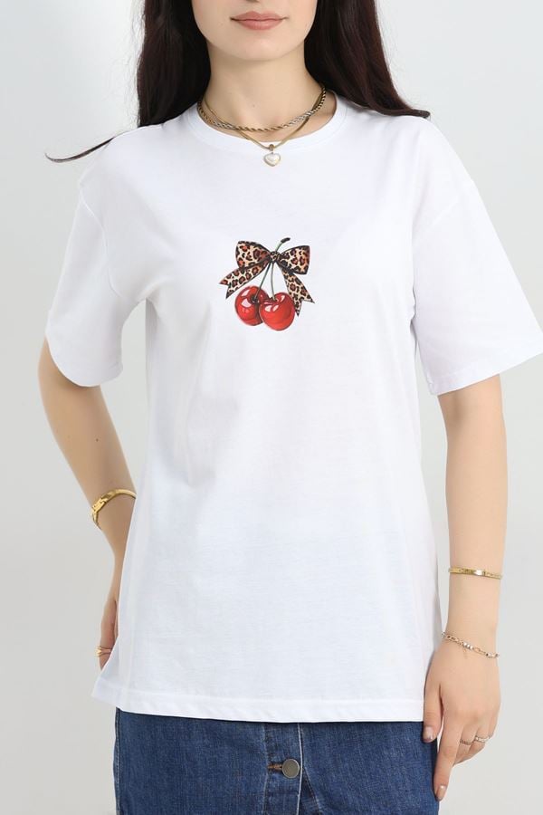 Baskılı Oversize Lüx Penye Tişört Beyazkırmızı - 41305.0034.