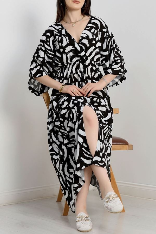 Kruvaze Yaka Desenli Elbise Beyazsiyah1 - 707.1247.