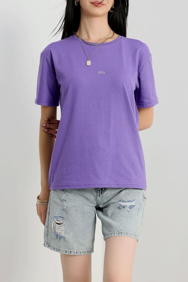 Baskılı Bisiklet Yaka Penye Tişört Açıkmor - 90910.1878.