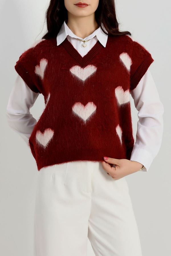 V Yaka Kalpli Süveter Bordo - 2410.1765.