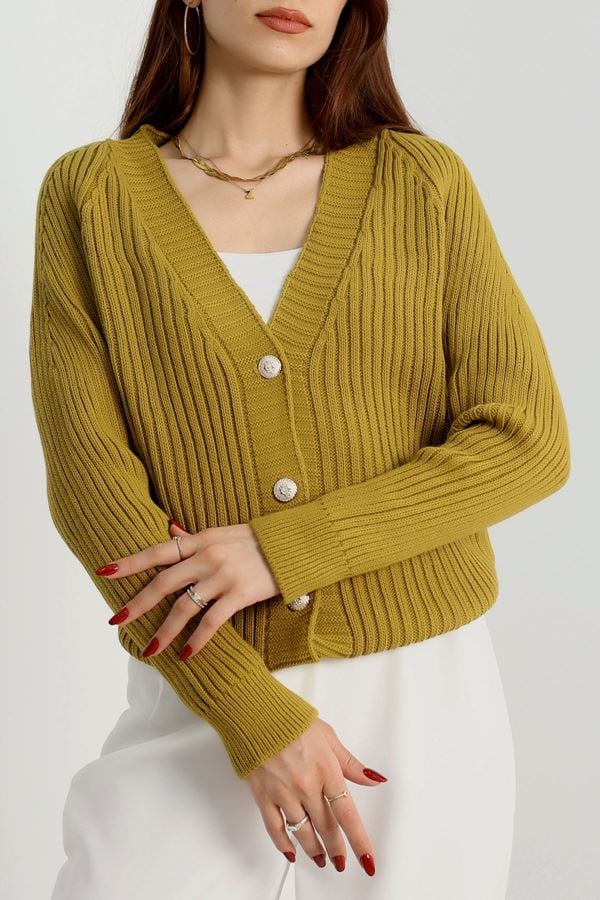 Düğmeli Triko Hırka Yağyeşili - 4039.1577.