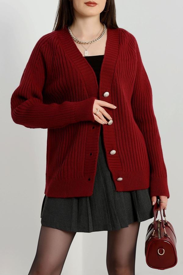 Düğmeli Triko Hırka Bordo - 4039.1577.