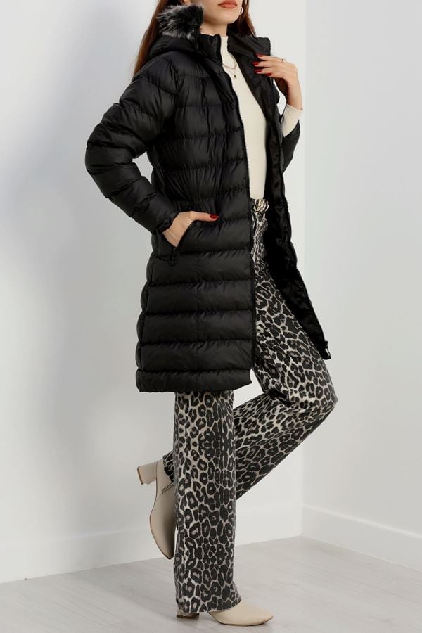 Kapşonlu Uzun Mont Siyah - 31196.1988.