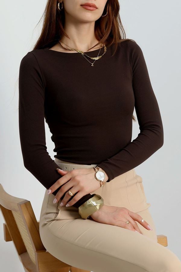 Kayık Yaka Ribana Basic Body Kahve - 21897.200.