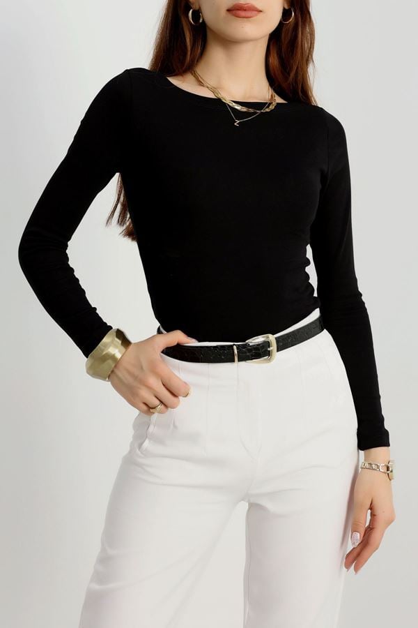 Kayık Yaka Ribana Basic Body Siyah - 21897.200.