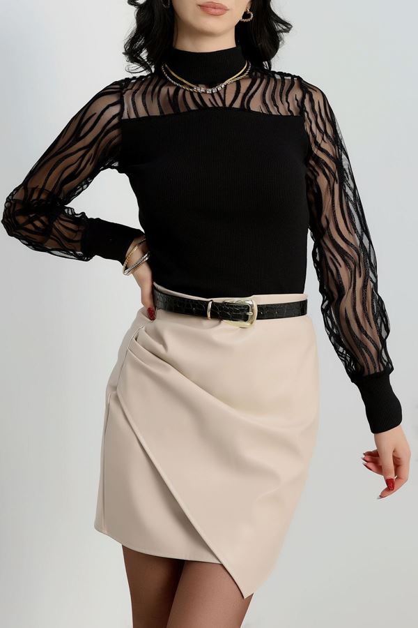 Kol Yaka Tül Kaşkorse Bluz Siyah - 1785.1095.