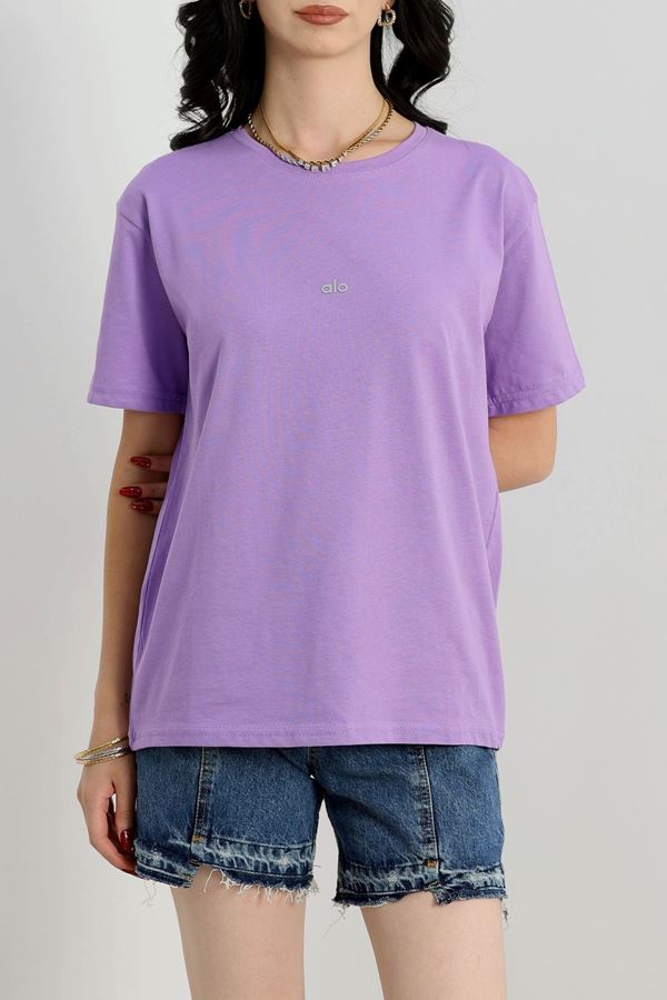 Baskılı Bisiklet Yaka Penye Tişört Açıklila - 90910.1878.