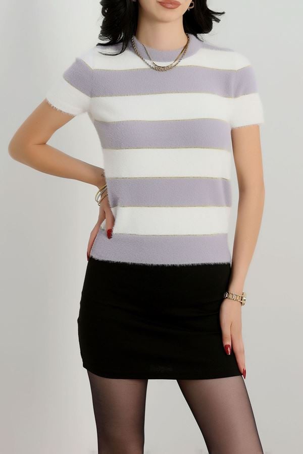 Çizgili Kısa Kollu Triko Gri - 2304.1765.