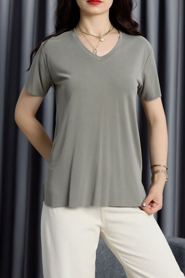 Modal Süprem V Yaka Tişört Haki - 90062.1758.