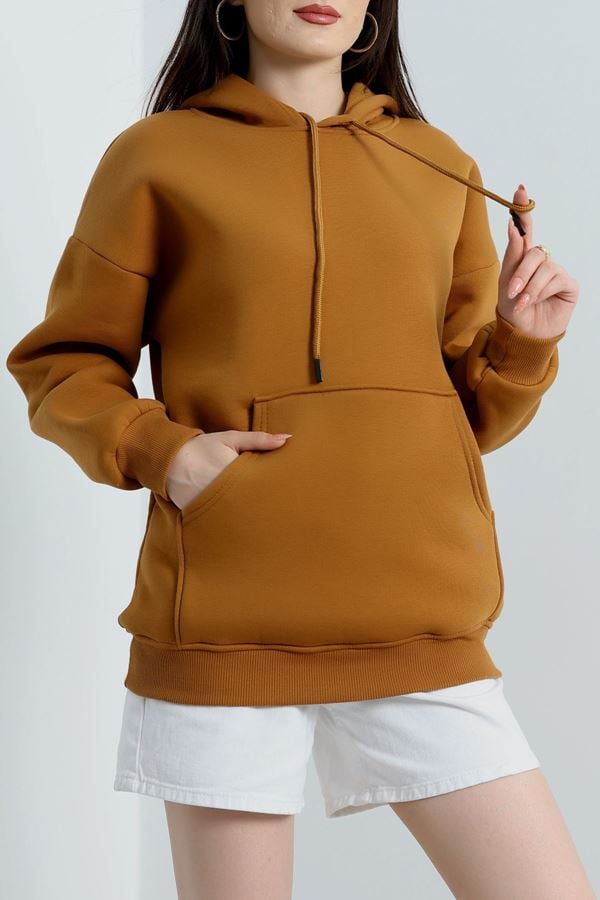 3 İplik Kanguru Cepli Kapşonlu Sweat Camel - 20960.1878.