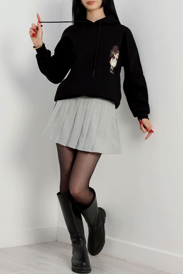 3 İplik Kapşonlu Baskılı Sweat Siyah - 42222.1878.