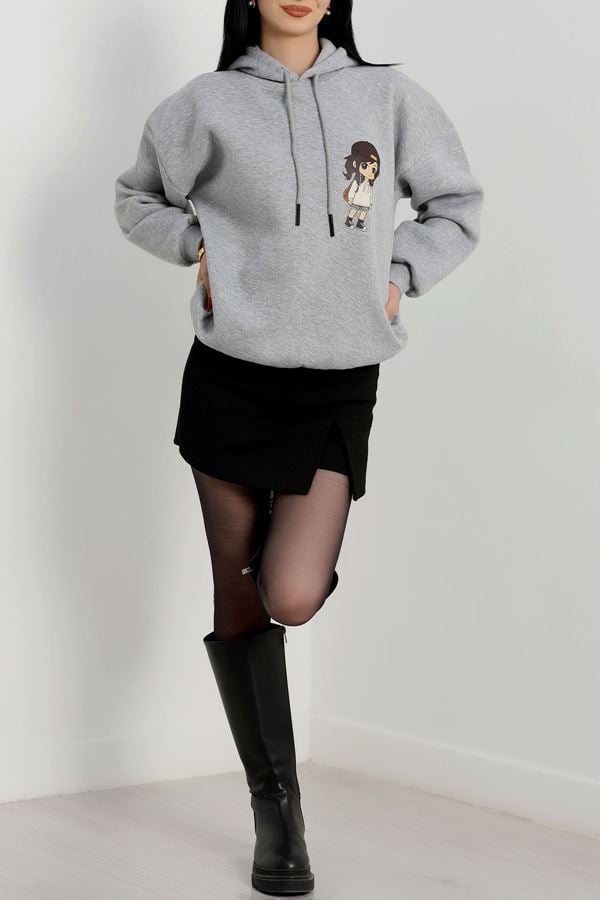 3 İplik Kapşonlu Baskılı Sweat Gri - 42222.1878.