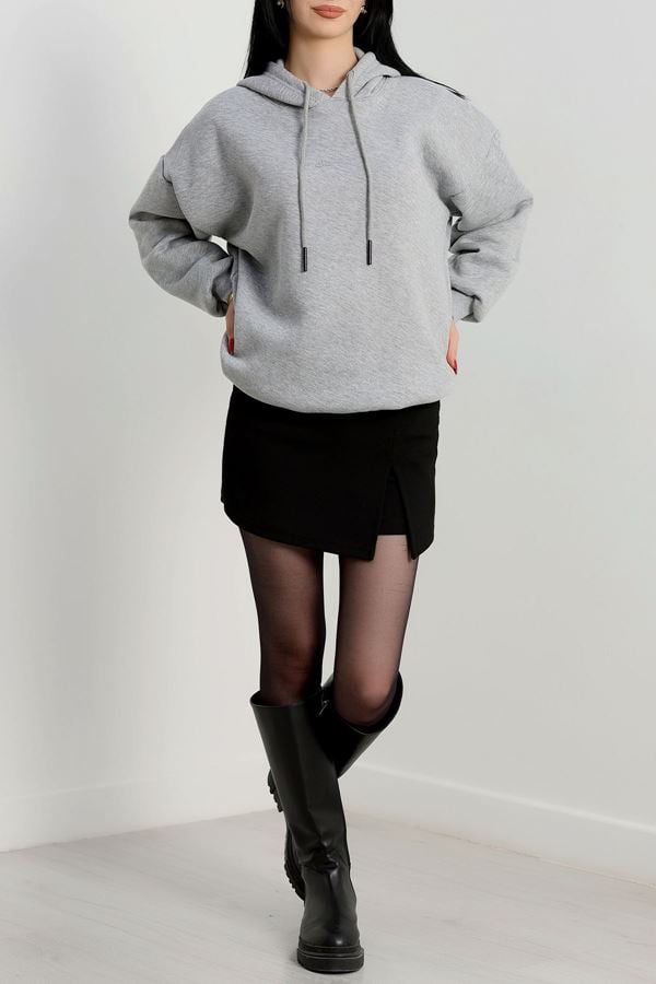 3 İplik Kapşonlu Baskılı Sweat Gri - 42232.1878.