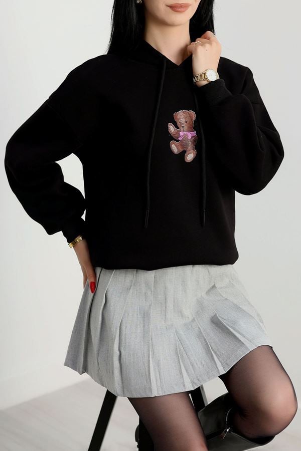 3 İplik Kapşonlu Baskılı Sweat Siyah - 42229.1878.