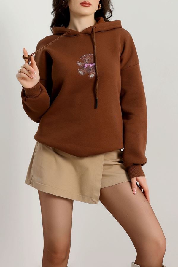 3 İplik Kapşonlu Baskılı Sweat Kahve - 42229.1878.