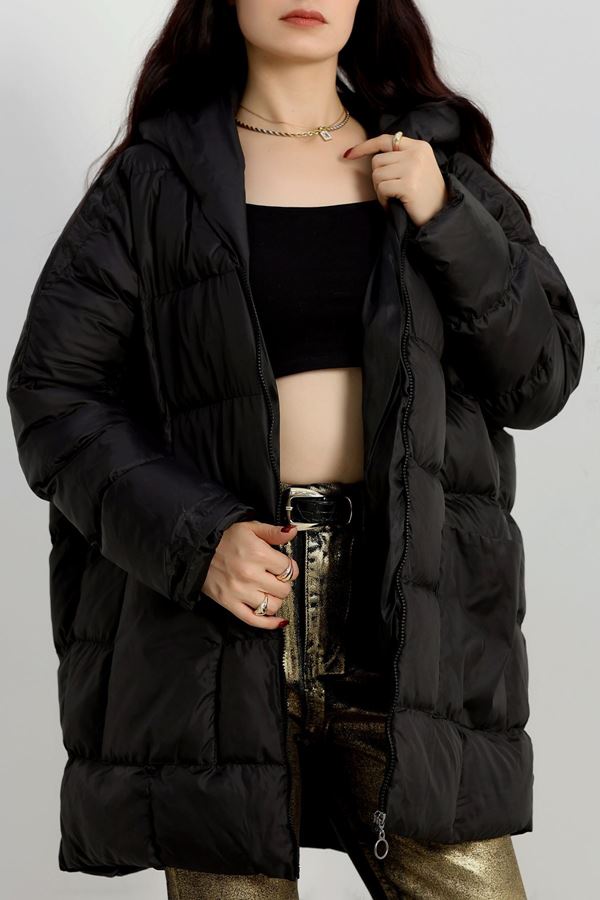 Kapşonlu Şişme Mont Siyah - 90045.1988.