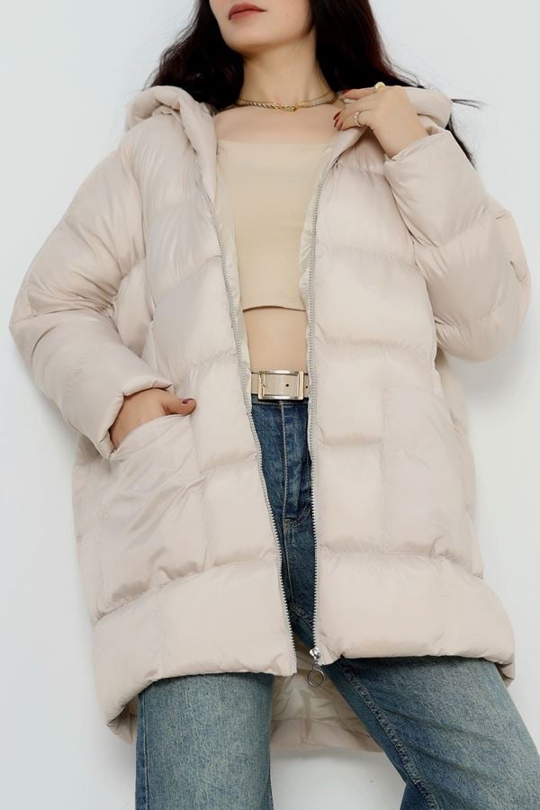 Kapşonlu Şişme Mont Bej - 90045.1988.