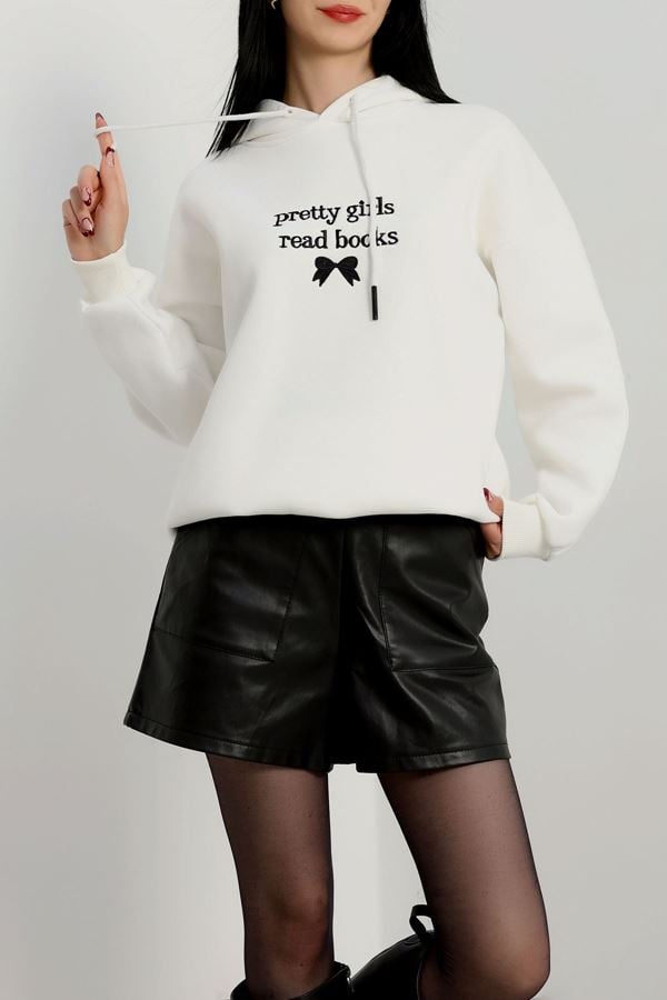 3 İplik Kapşonlu Nakışlı Sweat Ekrusiyah - 42228.1878.