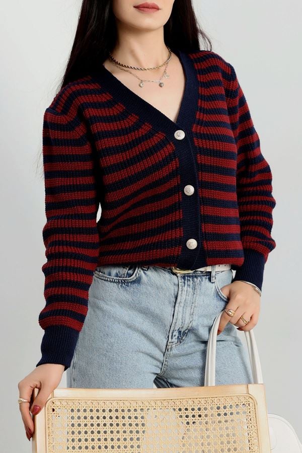 V Yaka Çizgili Hırka Lacivertbordo - 4038.1577.