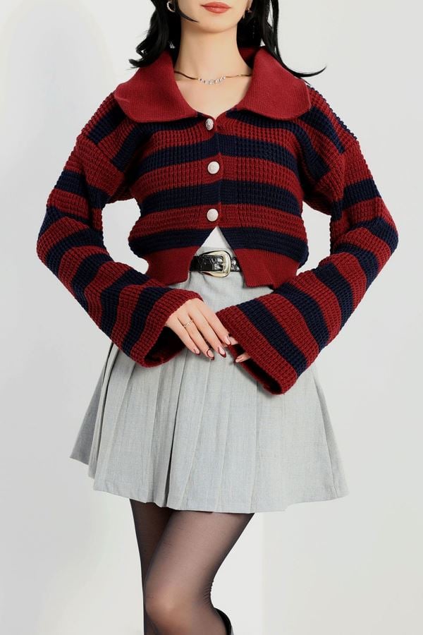 Polo Yaka Çizgili Hırka Bordolacivert - 1530.1577.