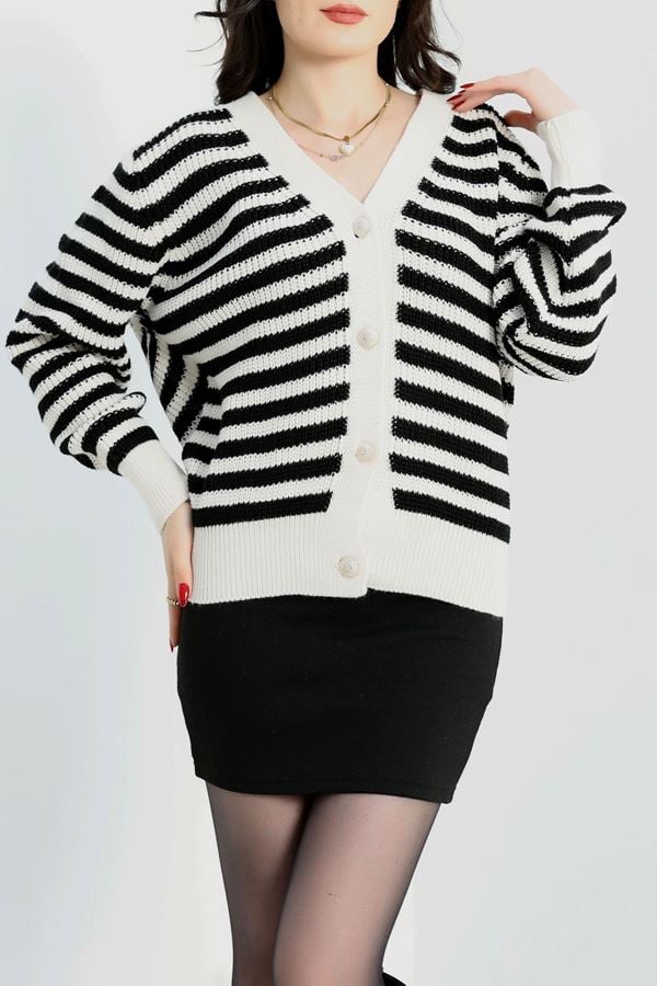 V Yaka Çizgili Hırka Lattesiyah - 4038.1577.