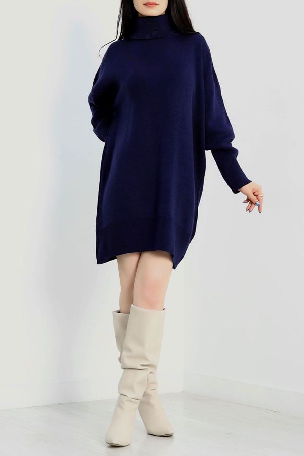 Akrilik Dik Yaka Triko Elbise  Lacivert - 31068.1766.
