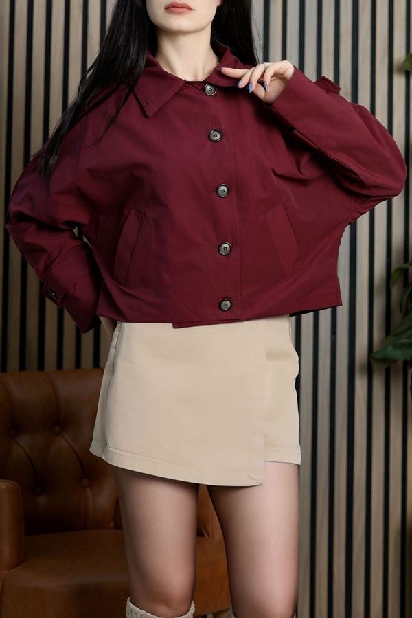 Kapşonlu Kısa Trenç Bordo - 42334.422.